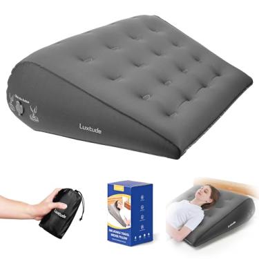 Imagem de Luxtude Travesseiro inflável de cunha para viagem, travesseiro de cunha de cama para dormir, alívio de refluxo ácido, almofadas ajustáveis para apneia do sono, pós-cirurgia, ronco, suporte para costas