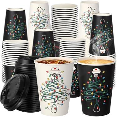 Imagem de Sliner 80 peças de copos de café descartáveis de Natal com tampas 340 g copos de papel para animais de estimação para gatos, cães, gatinhos, amantes de bebidas, chá, férias, festa de Natal, xícara de