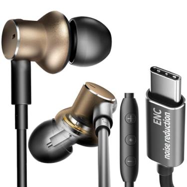 Imagem de Fones de ouvido com fio com microfone ENC com cancelamento de ruído, bobina dupla USB C, graves pesados, áudio de alta definição, redução de ruído de chamada tipo C, fones de ouvido com fio