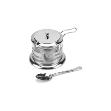 Imagem de Açucareiro em Aço Inox com Tampa de Vidro e Colher, Redondo, Cromado, 8,5cm Diâmetro, 152g, para Cozinha