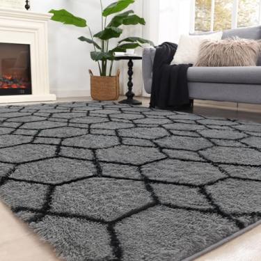 Imagem de ARKIIKI Tapete de área para sala de estar, cinza e preto para quarto, tapete macio geométrico felpudo para decoração de casa de crianças, estetica, tapete felpudo antiderrapante para berçário