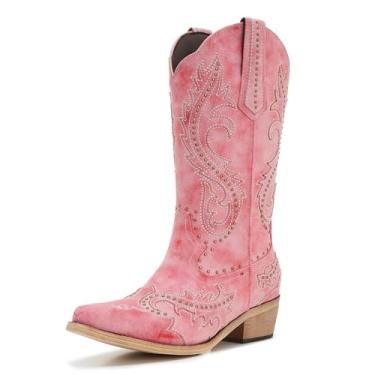 Imagem de ZXHYZLZ Botas femininas bordadas rosa cowgirl – Botas caubói na altura do joelho ocidental com costura clássica, design de puxar e salto baixo, rosa, 42