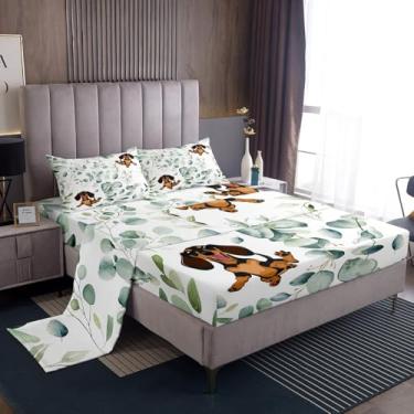 Imagem de Erosebridal Jogo de lençol kawaii com desenho kawaii de animal fofo, dachshund, folha verde, jardim de primavera, lençol com elástico, lençol com elástico para decoração de quarto infantil