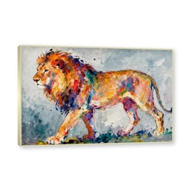 Imagem de NHLDZYH Moldura dourada. Pintura salpicada de leão pintura em tela abstrata arte animal mural vívido chama a atenção para sala de estar decoração moderna para casa. A48. 30 x 45 cm.