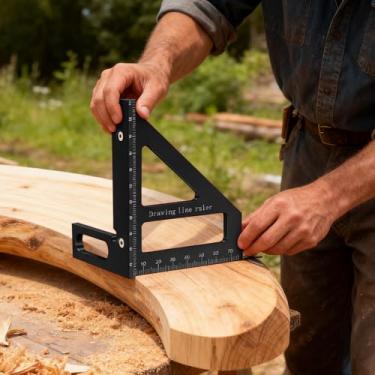 Imagem de Régua de medição multiângulo 3D, réguas de triângulo de transferidor quadrado de liga de alumínio 45°/90°, ferramenta de linha de desenho de madeira