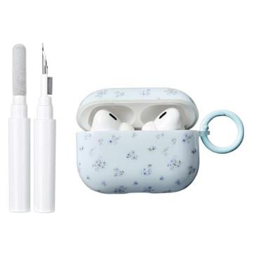 Imagem de COTYPOFLIYTT Capa compatível com Airpods Pro 2/Pro com kit de limpeza, linda estampa floral elegante flor capa protetora de TPU macio com chaveiro para meninas e mulheres - azul
