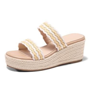 Imagem de Coutgo Sandálias femininas plataforma plataforma alpargatas duas faixas salto aberto sapatos verão praia férias, Branco, 39