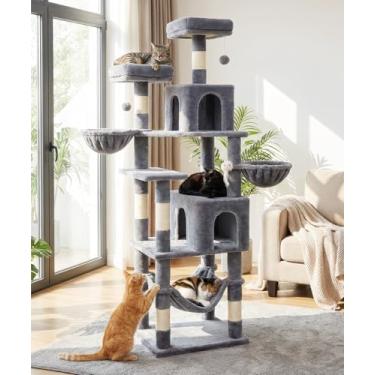 Imagem de AMHANCIBLE Árvore para gatos, 188 cm de altura para gatos adultos em ambientes internos, grande torre de vários níveis com poste para arranhar, rede, condomínios, cesta suspensa, centro de atividades