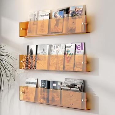 Imagem de Porta-revistas de acrílico montado na parede – Suporte de folheto e prateleira de exibição de literatura para escritório, sala de estar, sala de espera – armazenamento elegante em 3 cores (laranja)