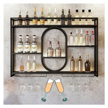 Imagem de Prateleiras de bar de metal montadas na parede com suporte para copos de vinho, suporte de garrafa de licor, armário de bebidas para exibição de garrafas de bar em casa, sala de jantar, cozinha (preto