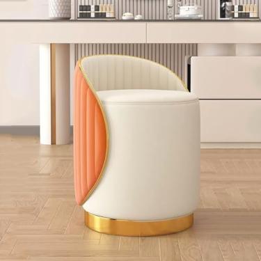 Imagem de Cadeira de toucador giratória moderna com encosto, banqueta redonda de maquiagem, almofada de couro com base dourada, apoio para os pés otomano, elegante detalhe laranja para penteadeira de quarto