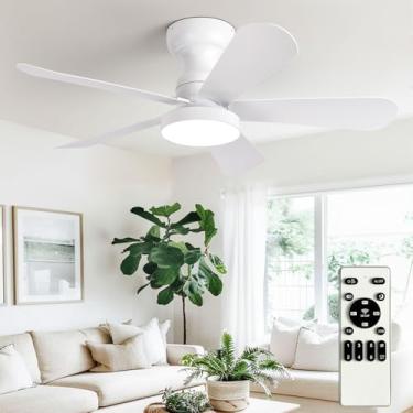 Imagem de Depuley Ventilador de teto pequeno com luzes: Ventilador de montagem embutida de 89 cm com luz e controle remoto - Ventiladores de teto brancos de baixo perfil reversível motor CC silencioso para