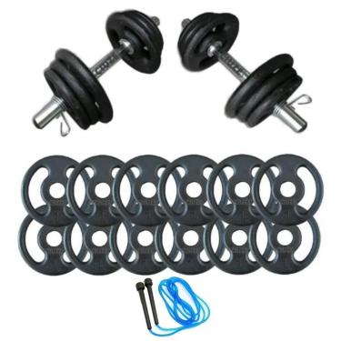 Imagem de Kit Halteres 12Kg Anilhas e Barras + Corda - Treino em Casa-Unissex