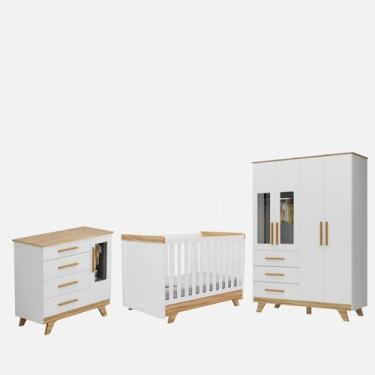 Imagem de Quarto Completo Bebê Retrô 100% MDF Moveis Peroba 3 Peças -, Branco Am