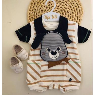 Imagem de Roupa Conjunto Macaquinho Mangas Curtas Infantil C/ Babador Estampa Ca