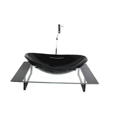 Imagem de KIT CUBA DE VIDRO OVAL COM TAMPO 60CM PRETO E SUPORTE TORNEIRA VALVULA