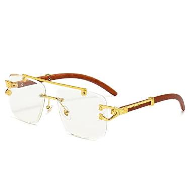 Imagem de Óculos de sol quadrado sem aro com impressão em madeira retrô feminino designer de luxo decoração leão dourado óculos de sol masculinos sombras Oculus, transparente, A