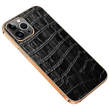 Imagem de YINGDAFENG Capa para iPhone 14/14 Pro/14 Plus/14 Pro Max, capa traseira de couro de crocodilo artificial retrô com proteção de câmera durável galvanizada moldura Shell, preta, 14pro max 6,7"