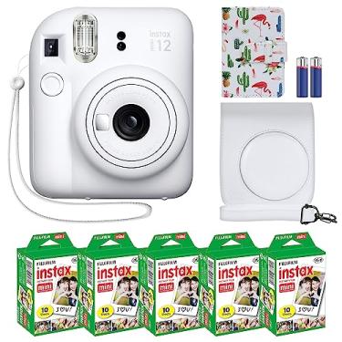 Imagem de Câmera instantânea Fujifilm Instax Mini 12 + acessórios MiniMate e capa personalizada compatível + pacote de filme Fuji Instax (50 folhas), álbum de fotos com design de flamingo, branco (clay white)