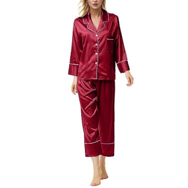 Imagem de Lainuyoah Pijama feminino de manga comprida e calça de botão, conjunto de pijama clássico com gola V e 2 peças, D #vermelho, G