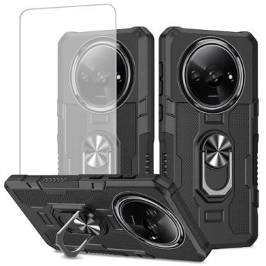 Imagem de Ueokeird Capa para Xiaomi Redmi A3, capa 23129RN51X com protetor de tela de vidro temperado, proteção resistente com anel de metal suporte magnético capa de telefone para Xiaomi Redmi A3 preta