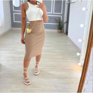 Imagem de Conjunto Bicolor Ribana Saia Midi Fenda Croped Moda Feminina - Conjunt