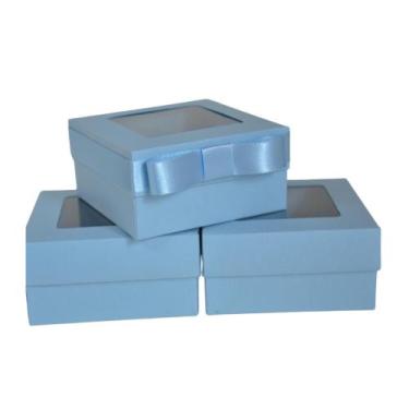 Imagem de Caixa flexível azul bb com visor e laço 8x8x4cm - Kit com 10 caixas - 