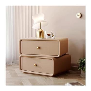 Imagem de Mesa de cabeceira totalmente de madeira com gavetas duplas giratórias, mesa de cabeceira, moderna, simples, cor sólida, móveis de cabeceira, quarto, moldura de cabeceira de canto redondo (Cáqui, P)