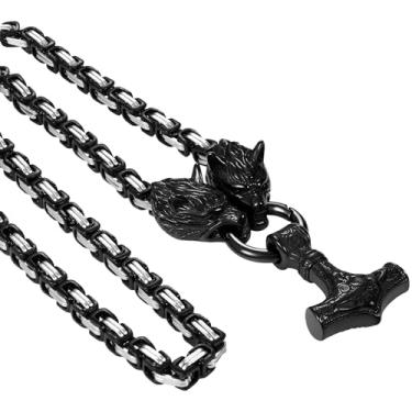 Imagem de OIDEA Colar Viking Mjolnir masculino com cabeça de lobo, corrente de rei com amuleto viking de aço inoxidável, pingente de martelo viking, joia pagã nórdica, 28 inch Chain, Aço inoxidável, Sem Pedra