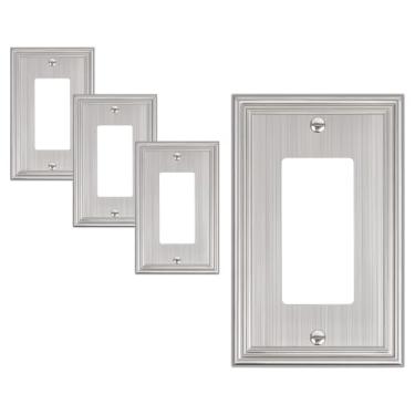 Imagem de TREEWELL Pacote com 4 placas decorativas de cobertura de tomada, placas decorativas de níquel escovado e tampas de tomada, placas de parede de liga de zinco duráveis para tomadas elétricas,