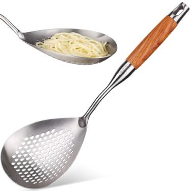 Imagem de Escumadeira escumadeira, aço inoxidável 304, colher de concha para cozinhar e fritar, coador de macarrão de 35 cm para cozinha com cabo longo de madeira