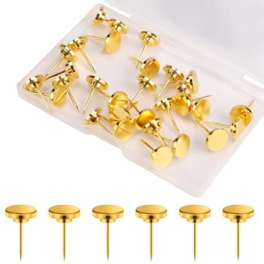Imagem de 30 peças de alfinetes dourados, tachas de metal para pendurar fotos de fotos, tachinhas planas pequenas de parede, pinos decorativos de parede para quadro de cortiça, mapas de avisos, pôsteres,