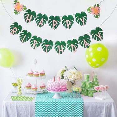 Imagem de Faixa havaiana de folha Monstera Happy Birthday Guirlanda de folha de palmeira tropical bandeira de papel verde e rosa para festas temáticas na selva