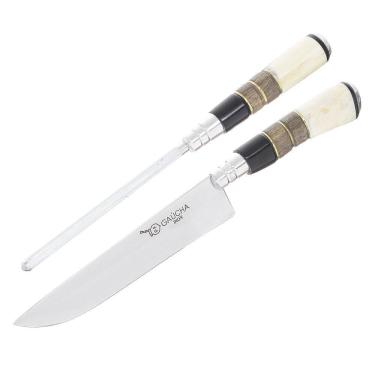 Imagem de Conjunto Faca em Inox e Chaira com Cabo de Osso e Madeira e Bainha Facas Gaúcha 30133