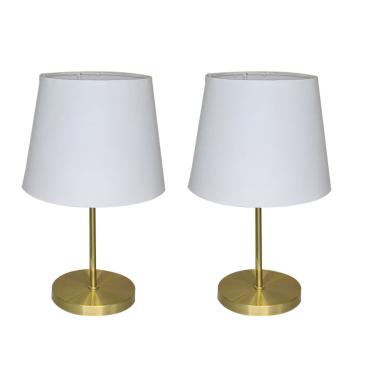 Imagem de Kit 2 abajur pequeno acabamento dourado base redonda cupula tecido Branca E27 uso cabeceiras de cama, quartos, sala
