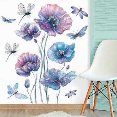 Imagem de RAINBOW WSK Decalques de parede de flor azul roxo grande papoula borboleta adesivos de parede buquê removível decoração de parede floral para quarto de meninas quarto sala de estar HY-L049