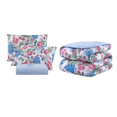 Imagem de Kit Edredom de Malha 100% Algodão Dupla Face com Viés com Jogo de Lençol e Fronha com Zíper Estampados (King, Floral Azul)