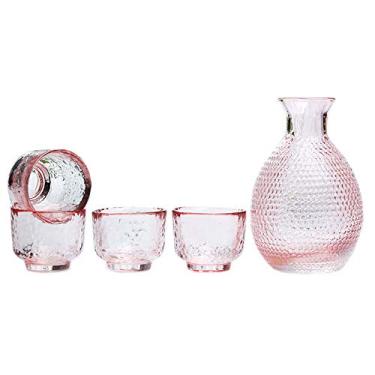 Imagem de Sizikato Conjunto de 5 saquê de vidro rosa inclui 1 garrafa de saquê e 4 copos de saquê