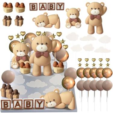 Imagem de JIUDUOYUAN 34pcs Bear Cake Toppers Mini Bear Cake Decorations with Cloud Box Love Star Gold Brown Ball for Baby Shower Birthday Party Decorations
