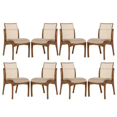 Imagem de Kit 8 Cadeiras de Madeira Estofada para Mesa de Jantar Lisboa Linho Bege com Encosto Tela M58 RMI