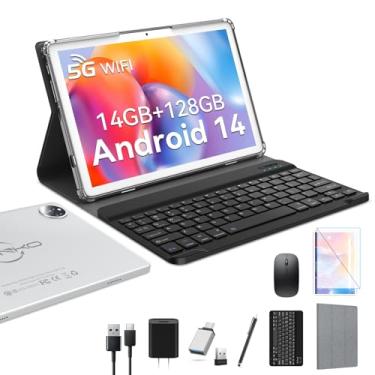 Imagem de Tablet Android 14 2025 mais recente de 10 polegadas com 128 GB de ROM + 14 GB de RAM + expansão de 2 TB, tablets celulares 4G com slot Dual SIM, tablet 2 em 1 com capa/teclado/mouse, Wi-Fi 5G e 2,4G,