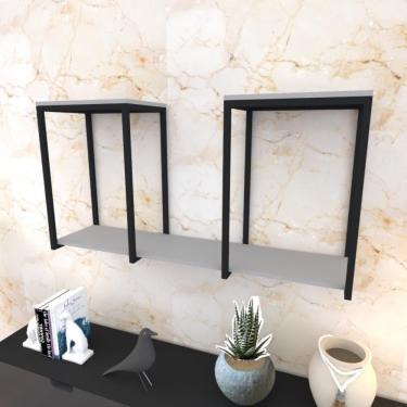 Imagem de Prateleira Industrial Suspensa Estante Parede Nicho Cinza Ferro E Madeira Suporte Pratileira