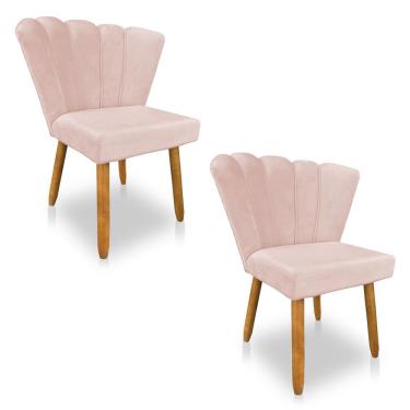 Imagem de Kit 02 Cadeiras Poltrona Flor Veludo Rosa Bebê Pés Palito Castanho