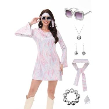 Imagem de FEELJAM Fantasia feminina de discoteca dos anos 70 – vestido vintage de lantejoulas para dançar – vestido de discoteca brilhante para festas temáticas dos anos 70, rosa, XXG