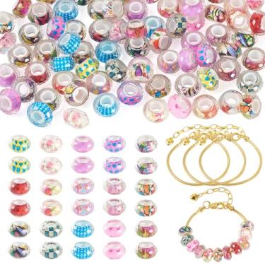 Imagem de Spritewelry 78 contas europeias de 14 mm contas de resina com furo grande colorido Rondelle contas espaçadoras soltas com padrão de aço inoxidável kits para fabricação de joias de pulseira