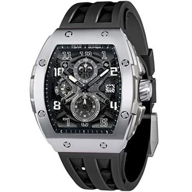 Imagem de Relógio de pulso masculino TSAR BOMBA quadrado com movimento de quartzo japonês, com cronógrafo, vidro de safira, à prova d'água até 50 m, luminoso, com calendário