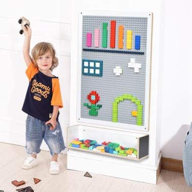 Imagem de Bolocon Placa de base vertical de tijolos de construção e quadro-negro, painel de atividades de dois lados e quadro-negro para crianças e crianças, compatível com todas as principais marcas de blocos