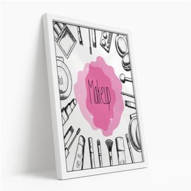 Imagem de Quadro Decorativo Makeup Rosa Ilustrado Produtos de Maquiagem Delicado Feminino Beleza Criativa Fashion Com Moldura