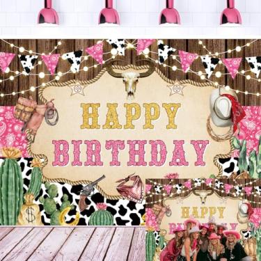 Imagem de Vaqueira Ocidental Feliz Aniversário Pano de Fundo Rosa Selvagem Vaca Estampa Cactus Bota Rústica Rodeio Fotografia Fundo Meninas Mulheres Festa de Aniversário Decorações de Chá de Bebê Adereços de