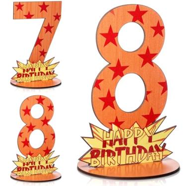 Imagem de Vicenpal 8th Anime Theme Birthday Decoration, Yellow and Red Stars Print Table Centerpiece Wooden Number 7 8 Stand Sign Table Decoration Photo Props for Dragon Birthday Supplies